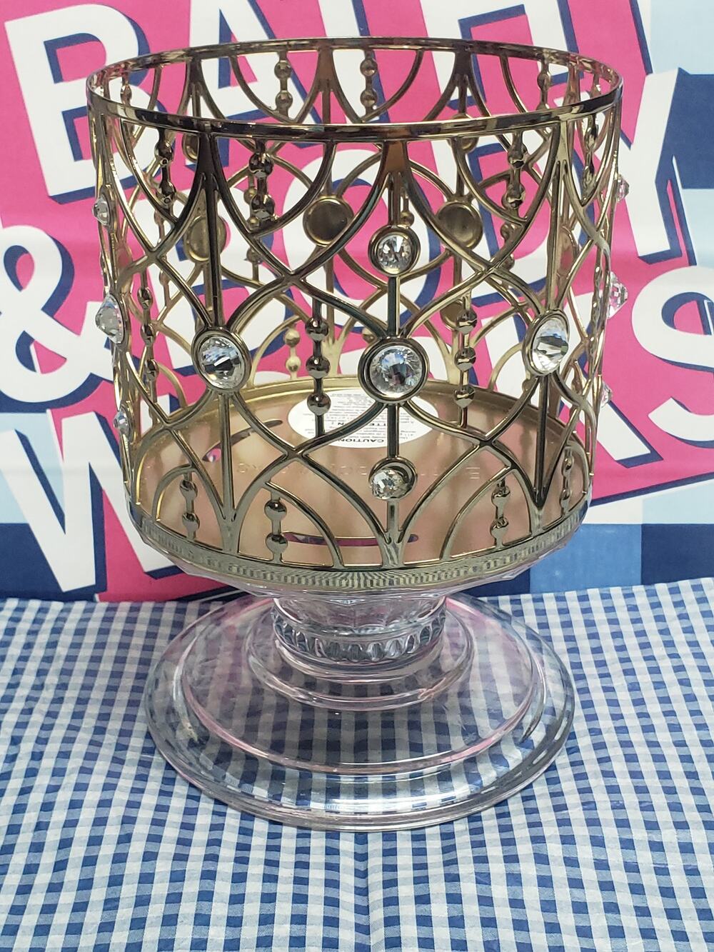 BBW Gold Tone Finish with Gems & Glass Pedestal Large 3 Wick Candle Holder